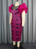 Plus Size Mesh Patchwork Petal Sleeve Printed Dress GKEN-AM040101