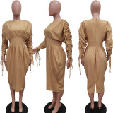 Pleated Drawstring Long Sleeve Midi Dress BGN-322