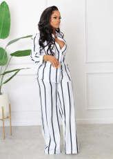Printed Striped Shirt Loose Pants Two Piece Set AIL-221