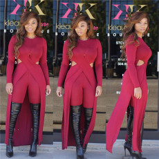 Solid Long Sleeve Cross Tops Two Piece Pants Set SMD-24010
