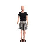 Fashion Print Patchwork Knit Pleated Skirt Two Piece Set LA-3340