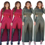 Solid Long Sleeve Cross Tops Two Piece Pants Set SMD-24010
