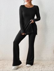 Casual Solid Color Long Sleeve Two Piece Pants Set QY-55777