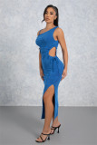 Sexy Hollow Out Drawstring Split Long Dress SMD-24001