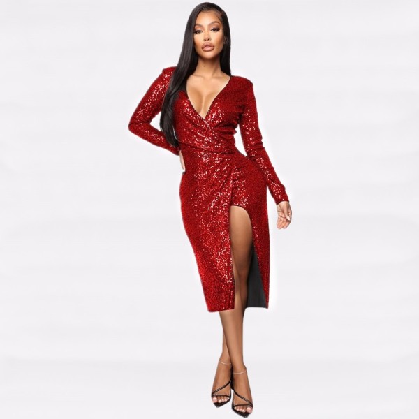 Side Zipper Sequin Long Sleeve Midi Dress  YMT-6114