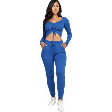 Soldi Color Drawstring Tops And Pants 2 Piece Set YMT-6185