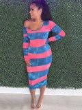 Long Sleeve Stripe Print Midi Dress YMT-6231