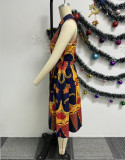 Printed Lapel Doll Neck Sleeveless Midi Dress NY-10730