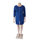 Plus Size 3/4 Sleeve Single-Breasted Casual Dress QYXZ-9976