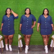 Plus Size 3/4 Sleeve Single-Breasted Casual Dress QYXZ-9976