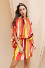 Colorful Striped Printed Tie Up Bat Sleeve Dress NY-10723