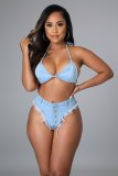 Tie Up Tassel Sexy Bikini Denim Two Piece Set LA-3282