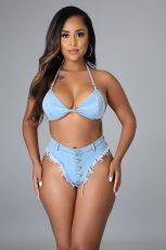 Tie Up Tassel Sexy Bikini Denim Two Piece Set LA-3282