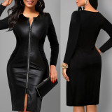 Plus Size Zipper PU Leather V-neck Midi Dress XHSY-19960