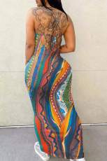 Fashion Print Backless Spaghetti Maxi Dress GBGF-2306