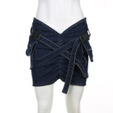 Fashion Cross Button Pleated Denim Skirt GLRF-LR05887