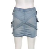 Fashion Cross Button Pleated Denim Skirt GLRF-LR05887