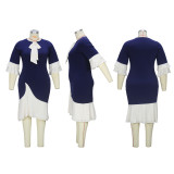 Plus Size Patchwork Bow O Neck Lace Hem Midi Dress XHSY-29001