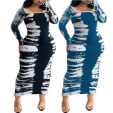 Plus Size Print Long Sleeve Tight Maxi Dress GDAM-218372