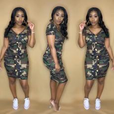 Camouflage Print Short Sleeve Midi Dress ORY-5257