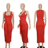 Fashion V-neck Solid Color Maxi Dress YD-8804