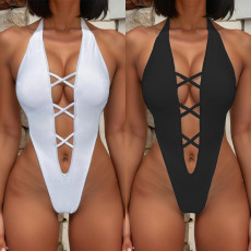 Solid Color Bandage Halter One Piece Swimsuit CASF-6683
