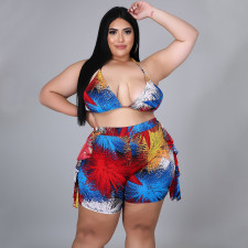 Plus Size Print Tie Up Backless Two Piece Shorts Set QYXZ-9942