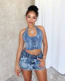 Sexy Denim Halter Tops Washed Two Piece Skirts Set CM-8717