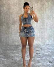 Sexy Denim Halter Tops Washed Two Piece Skirts Set CM-8717
