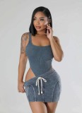 Solid Color Sleeveless Bodysuit+Skirts 2 Piece Set GBGF-55016