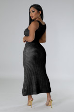 Fishnet Knit Sleeveless Long Skirt 2 Piece Set OSM-4453