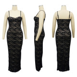 Sexy Sling Lace Solid Color Maxi Dress YF-10711