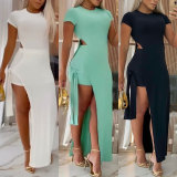 Solid Hollow Out Bandage Dress Two Piece Shorts Set Y-10757