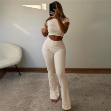Solid Short Sleeve Crop Tops Two Piece Pants Set XEF-41804