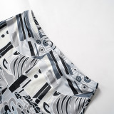 Long Sleeve Mesh Print Tops Two Piece Shorts Set MXBF-K24ST073