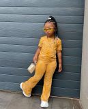 Kids Girl's Gold Velvet Short Sleeve Pants Suit GYAY-M8025 