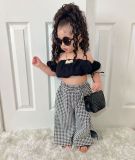 Kids Girl's One-Shoulder Pleated Bubble Sleeve Houndstooth Pants Suit GYAY-M8068 