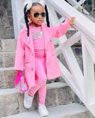Kids Girl's Solid Color Trench Coat+T-shirt+Pants Set GYAY-M8076 