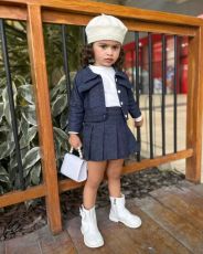 Kids Girl's Long Sleeve Top Pleated Soft Denim Skirt Set GYAY-M8074