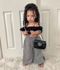Kids Girl's One-Shoulder Pleated Bubble Sleeve Houndstooth Pants Suit GYAY-M8068 