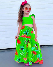 Kids Girl's Sling Vest And Big Swing Print Skirt Two Piece Set GYAY-M8028 