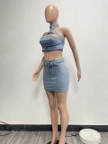 Sexy Denim Halter Zipper Tops Two Piece Skirts Set NYF-8163