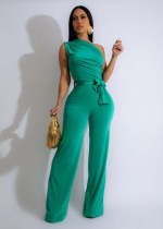 Solid Color Single Shoulder Tie Up Jumpsuit OLYF-6149