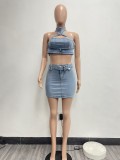 Sexy Denim Halter Zipper Tops Two Piece Skirts Set NYF-8163