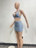 Sexy Denim Halter Backless Tops And Skirt Two Piece Set NYF-8165