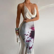 Sexy Backless Print Split Maxi Dress FL-YJ24071
