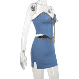 Fashion Denim Wrap Chest Top Two Piece Skirts Set FL-YJ24083