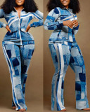 Fashion Print Zipper Long Sleeve Pants 2 Piece Set QYF-3006