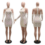 Sequin Sleeveless Halter Midi Dress(With Mitten) CYA-901069