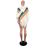 Rainbow Stripe Patchwork Tassel Hooded Poncho Top SMD-24017
